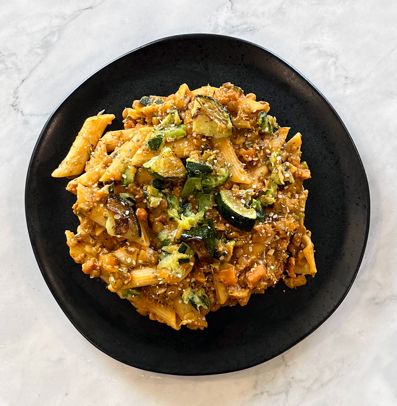 Lentil Ragu with Penne Pasta, Tofu & Baked Zucchini