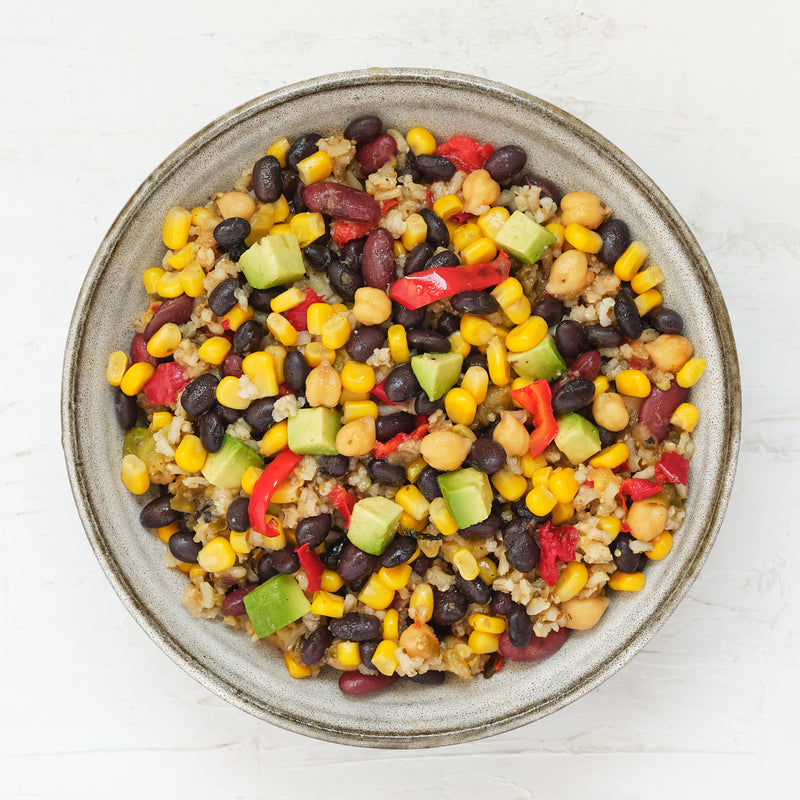 Three Bean Chili Verde with Tofu, Rice, Corn & Avocado