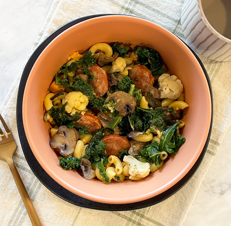 Macaroni & Cheese with Sausage, Mushrooms & Kale